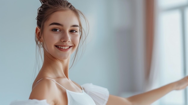 Photo a young dancer practicing ballet in a bright studio with large windows during a serene morning