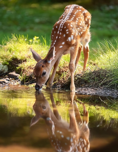 A young deer drinks from a stream