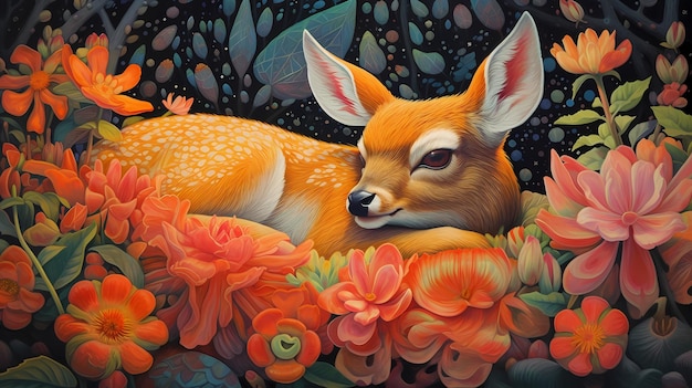 Young deer in flowers landscape illustration Generative AI