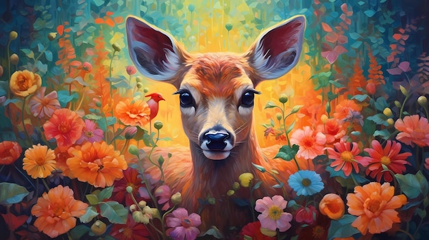 Young deer in flowers landscape illustration Generative AI