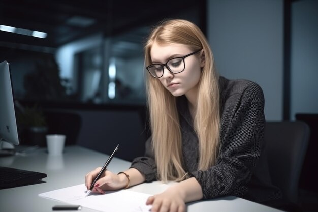 A young designer working on her digital tablet in the office created with generative ai