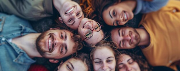 Young and diverse group bonding and smiling in a circle for the camera