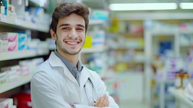 A Young doctor pharmaceutic smile co working seller doctor in hospital background