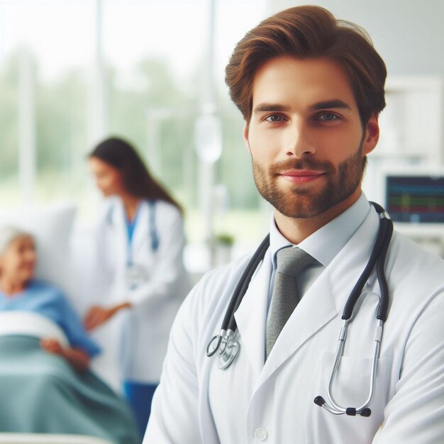 Young doctor portrait in hospital with patients