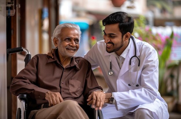 young doctor with black hair wearing white coat and stethoscope is smiling