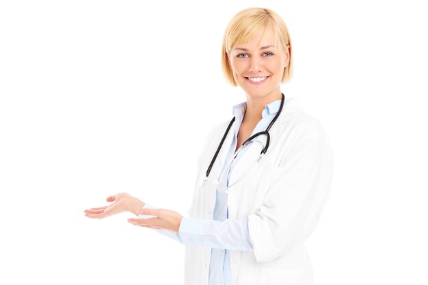 a young doctor with stethoscope welcoming you over white background