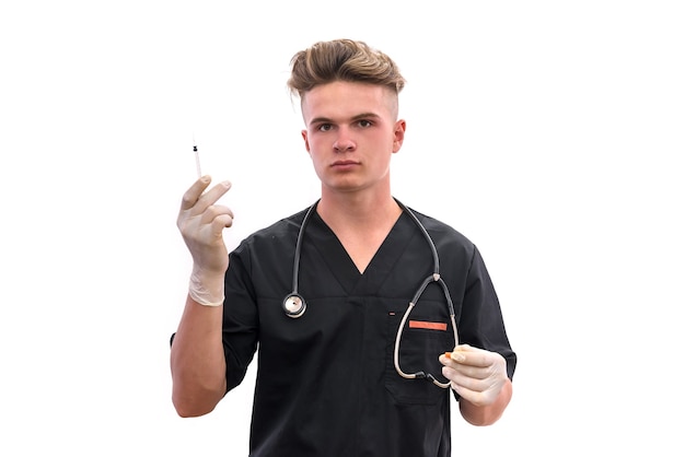 Young doctor with syringe isolated on white. Vaccination concept