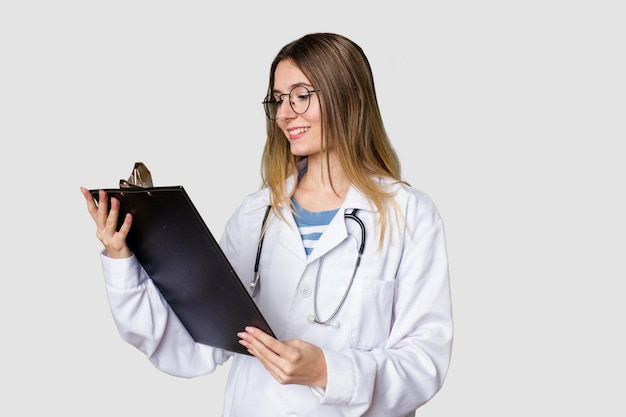 Young doctor woman in uniform reading files isolated