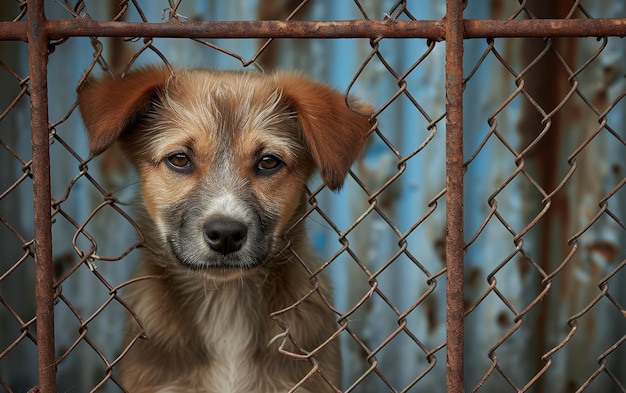 A young dog with a soulful gaze peers through a metal fence evoking emotions of longing and hope