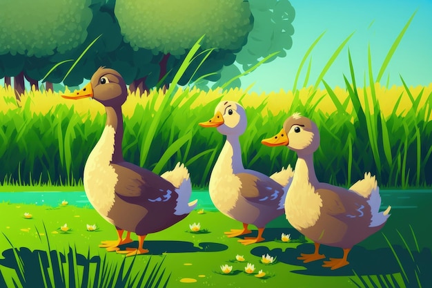 Young ducks or geese stroll on the grass