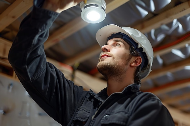 Photo young electrician in white hard hat inspecting new led ceiling light construction accuracy