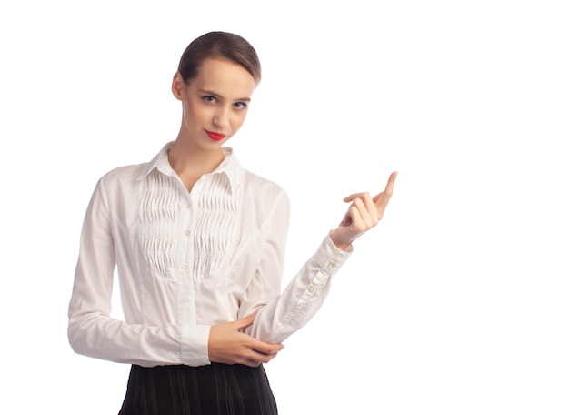 Young elegance business woman showing copy space right isolated on white background