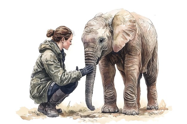 Photo young elephant and its keeper watercolor illustration