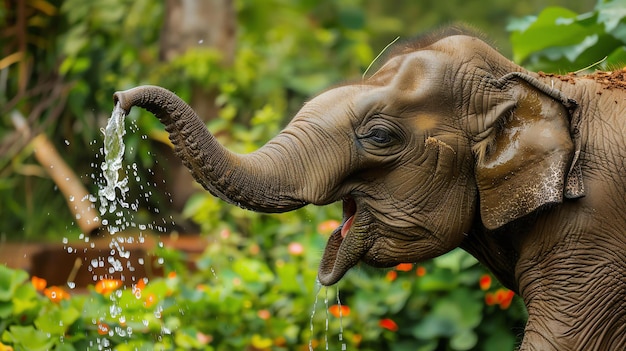 Young elephant playing with water in the jungle The background is blurred with green foliage