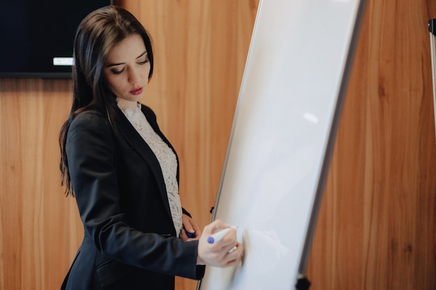 Photo young emotional attractive woman in business-style clothing working with flipchart