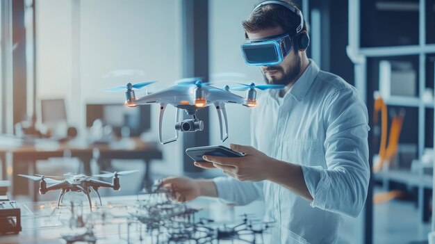 A young engineer wearing VR headset interacts with a drone model using augmented reality techno