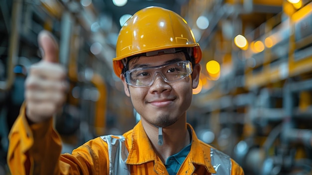 A young engineer working in an industrial setting is shown wearing a safety helmet displaying a thumbs up Safety glasses and a mask are also seen along with yellow hard safety helmets for safety