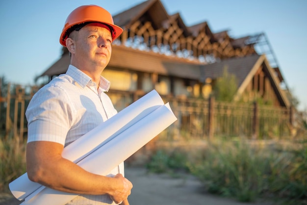 Young engineer in a yellow helmet with blueprints at a construction site