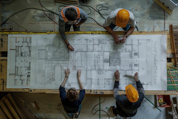 Young engineers and architects collaborate on building blueprints at site