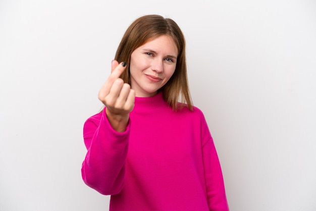 Young English woman isolated on white background making money gesture