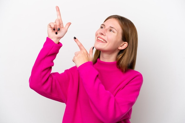 Young English woman isolated on white background pointing with the index finger a great idea