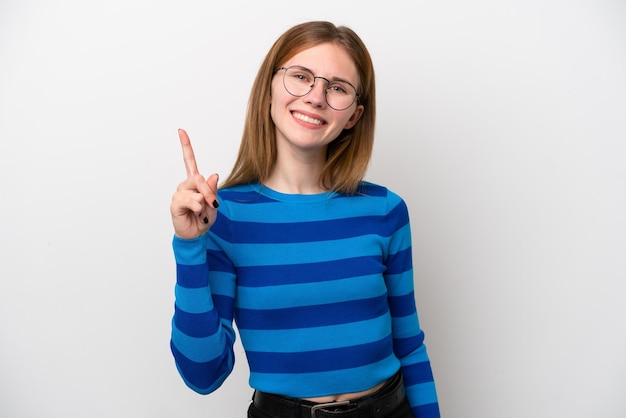 Young English woman isolated on white background showing and lifting a finger in sign of the best