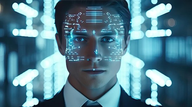 A young European businessman immersed in work surrounded by a futuristic AI interface night city lights in the background