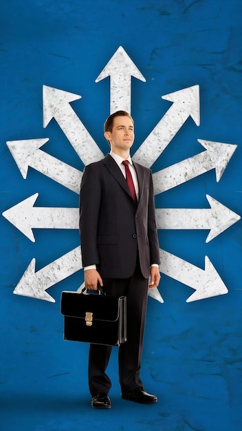 Photo young european businessman with briefcase and arrows on blue background success leadership choice a