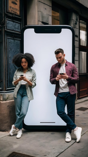 Young European couple near oversized smartphone blank screen ideal for showcasing apps or websites