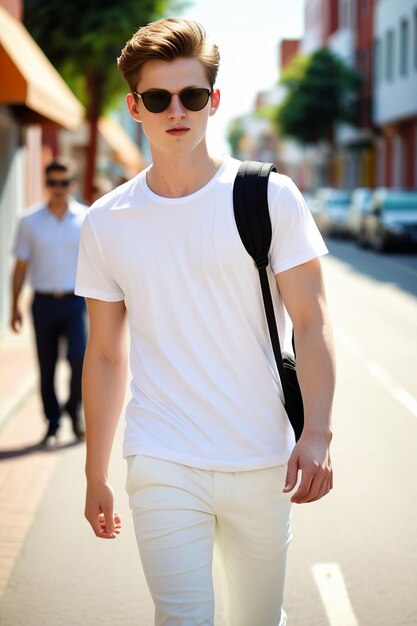 Photo a young european man in shirt and pants with sunglasses is walking on the sunny street