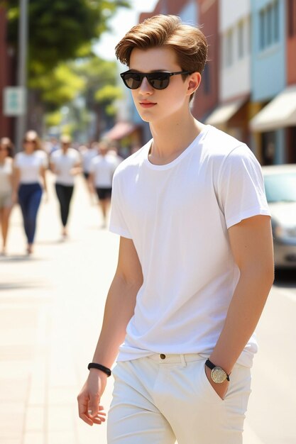 Photo a young european man in shirt and pants with sunglasses is walking on the sunny street