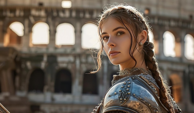 Young European woman in medieval armor against historical backdrop