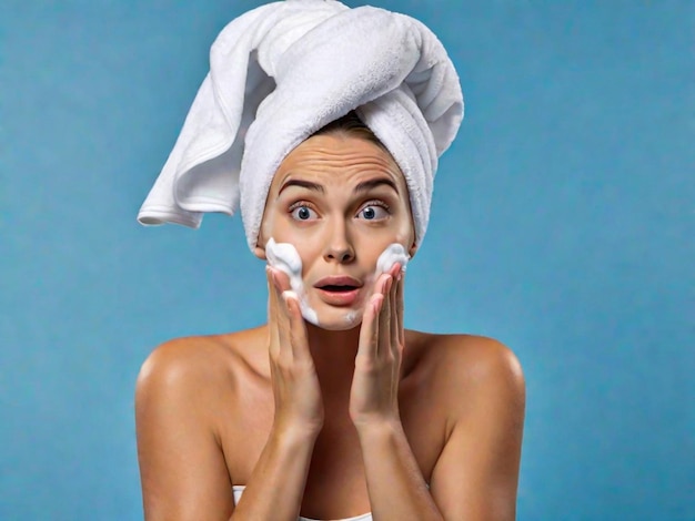 Young European woman silence gesture poses with soft towel on head