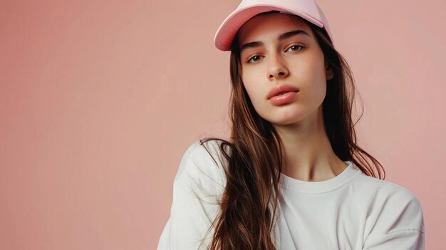 Photo young european woman in sports clothes and a baseball cap on a pink background