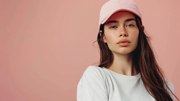 Photo young european woman in sports clothes and a baseball cap on a pink background