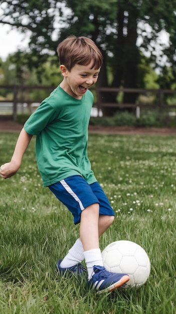 Young excited boy kicking ball in the grass outdoors