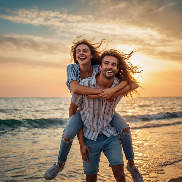 Photo young excited couple two friends family man woman in casual clothes boyfriend give piggyback ride to joyful girlfriend sit on back at sunrise over sea beach