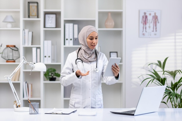 Young experienced female doctor in hijab using tablet computer for video call female clinic worker