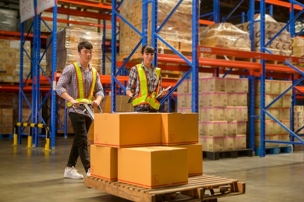 Young factory workers pulling a pallet truck between shelves full of packed boxes in warehouse machinery and Logistics concept