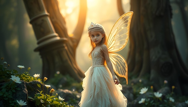 Photo young fairy princess girl in mystical place isolated with white highlights