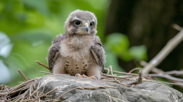 Young falcon chick resting in a nest on a rock