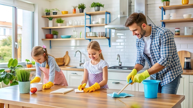 Photo young family cleaning the kitchen at home