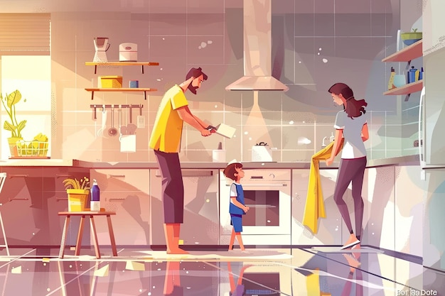 Photo young family cleaning the kitchen at home