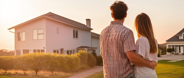 Young family looking at their new home standing with their backs real estate purchase investment