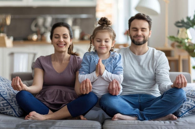 Photo young family practices yoga together to relieve stress at home