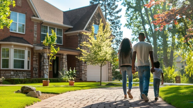 A young family walking hand in hand into their new home