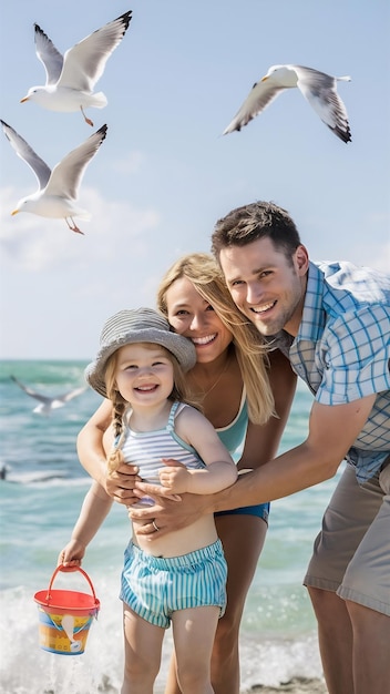 Young family with little daugher on a vacation by the ocean