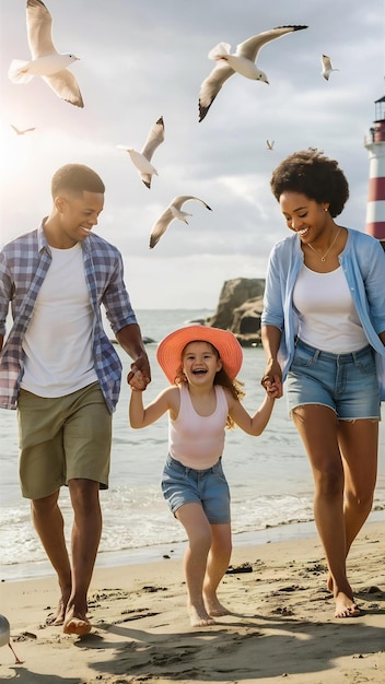 Young family with little daugher on a vacation by the ocean