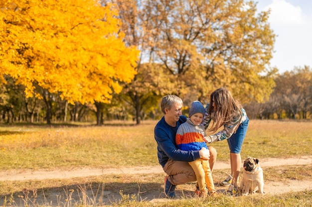 A young family with a small child and a dog spend time together for a walk in the autumn park