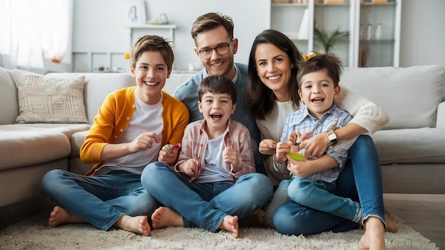 Young family with their sons at home having fun